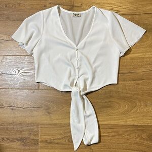 Show Me Your MuMu Cream/Off White Flutter Sleeve Tie-Front Crop Top Small